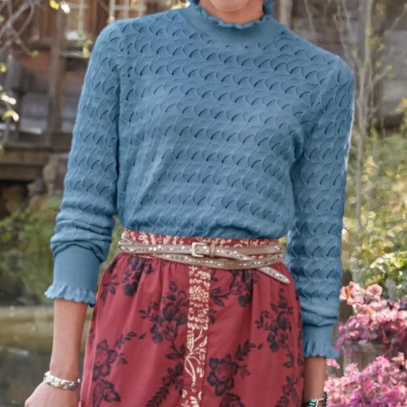 Sundance Sweaters - Sundance Frances Cotton Knit Pointelle Ruffle Neck Everyday Turtleneck Sweater L